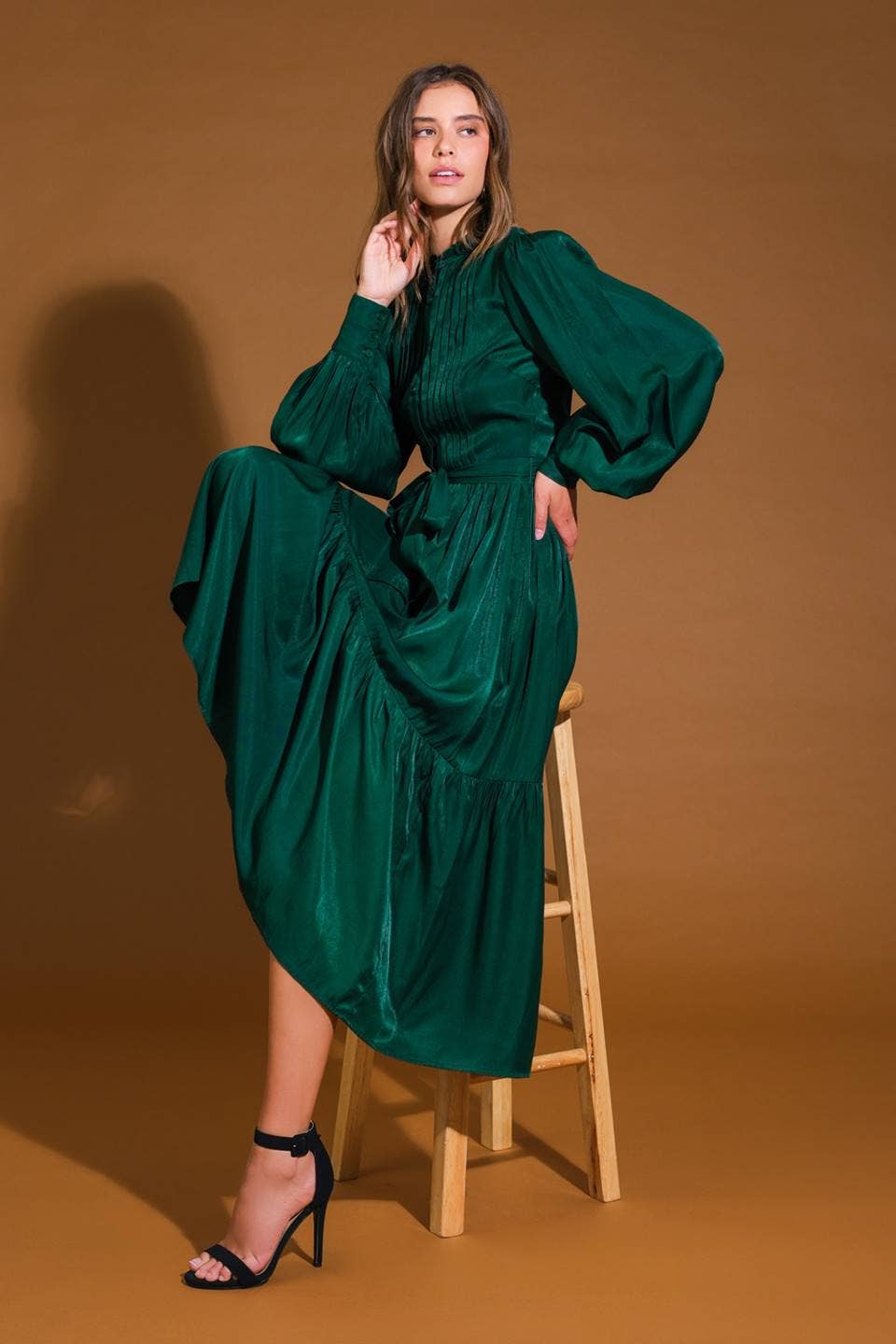 Emerald Grace Woven Midi Dress