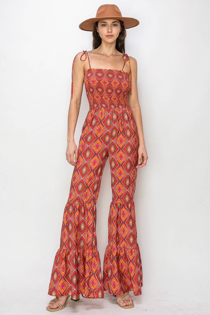 Boho Print Smocked Flared Jumpsuit 