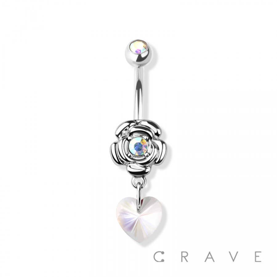Rose Heart Stone CZ Dangle Navel Ring 