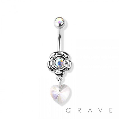 Rose Heart Stone CZ Dangle Navel Ring 