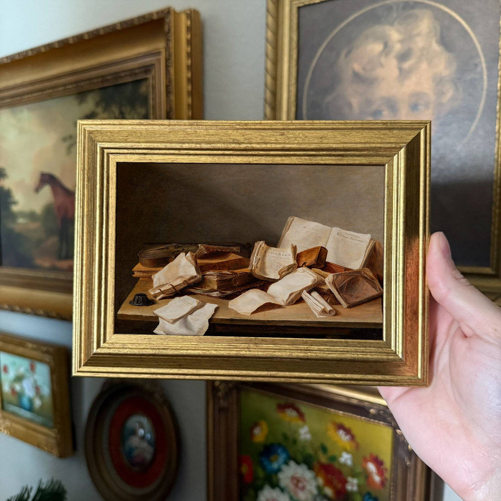 Vintage Style Stack of old books Still Life Art Print Framed