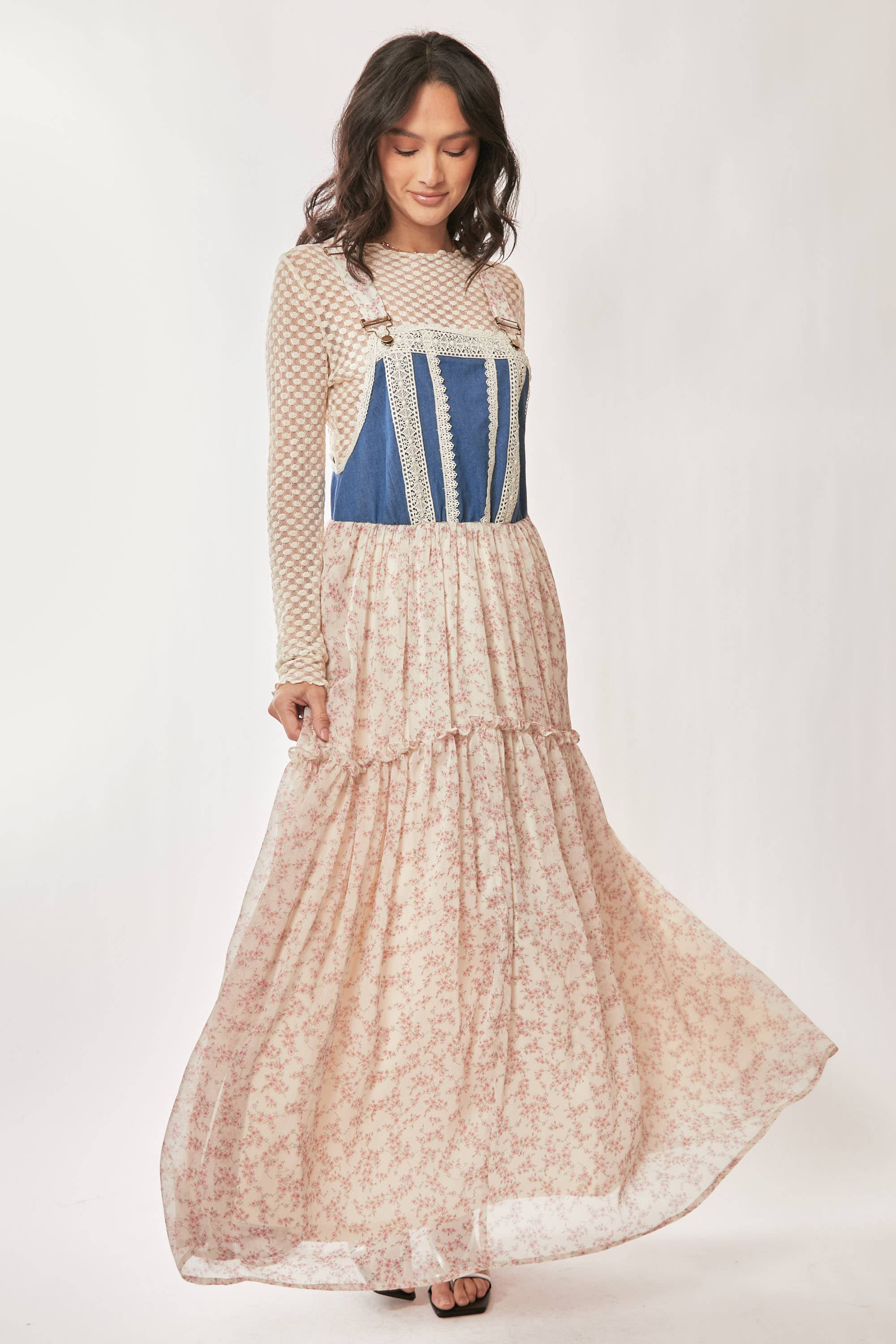 Denim w/Lace Overall Midi Dress