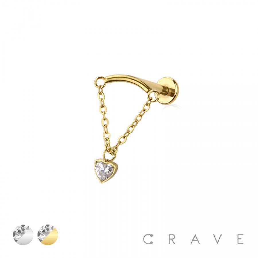 CURVED BAR DANGLE CLEAR HEART CZ CHAIN PUSH IN TOP 316L SURG: GOLD/CLEAR-18GA (1.0MM)-1/4" (6MM)