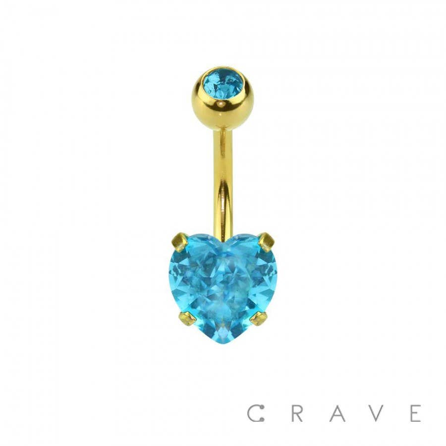 Gold Plated Prong Set Heart CZ 316L Navel Ring