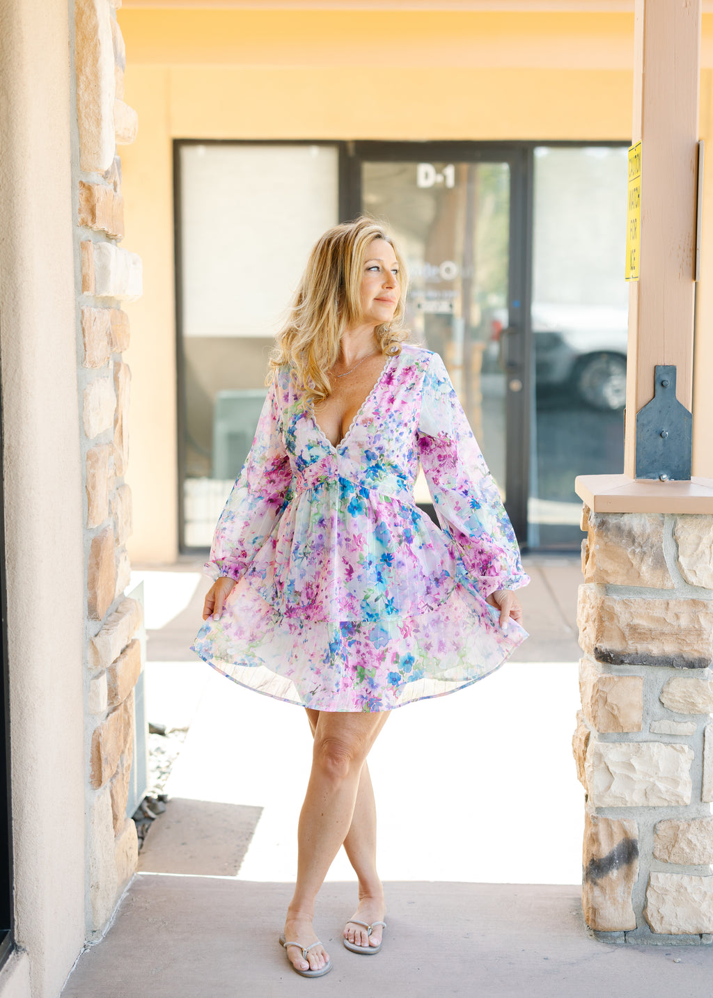 Watercolor Flower V-Neck Tiered Mini Dress
