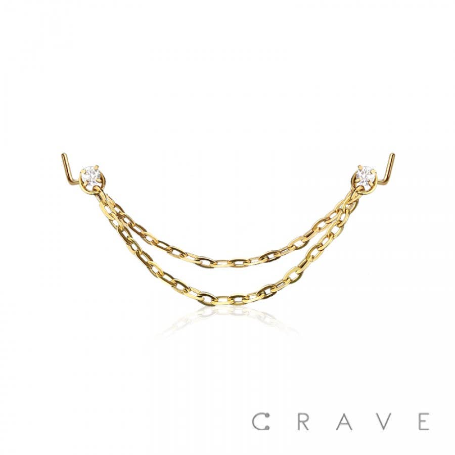 CZ L Shape Nose Rings w/Double Chain