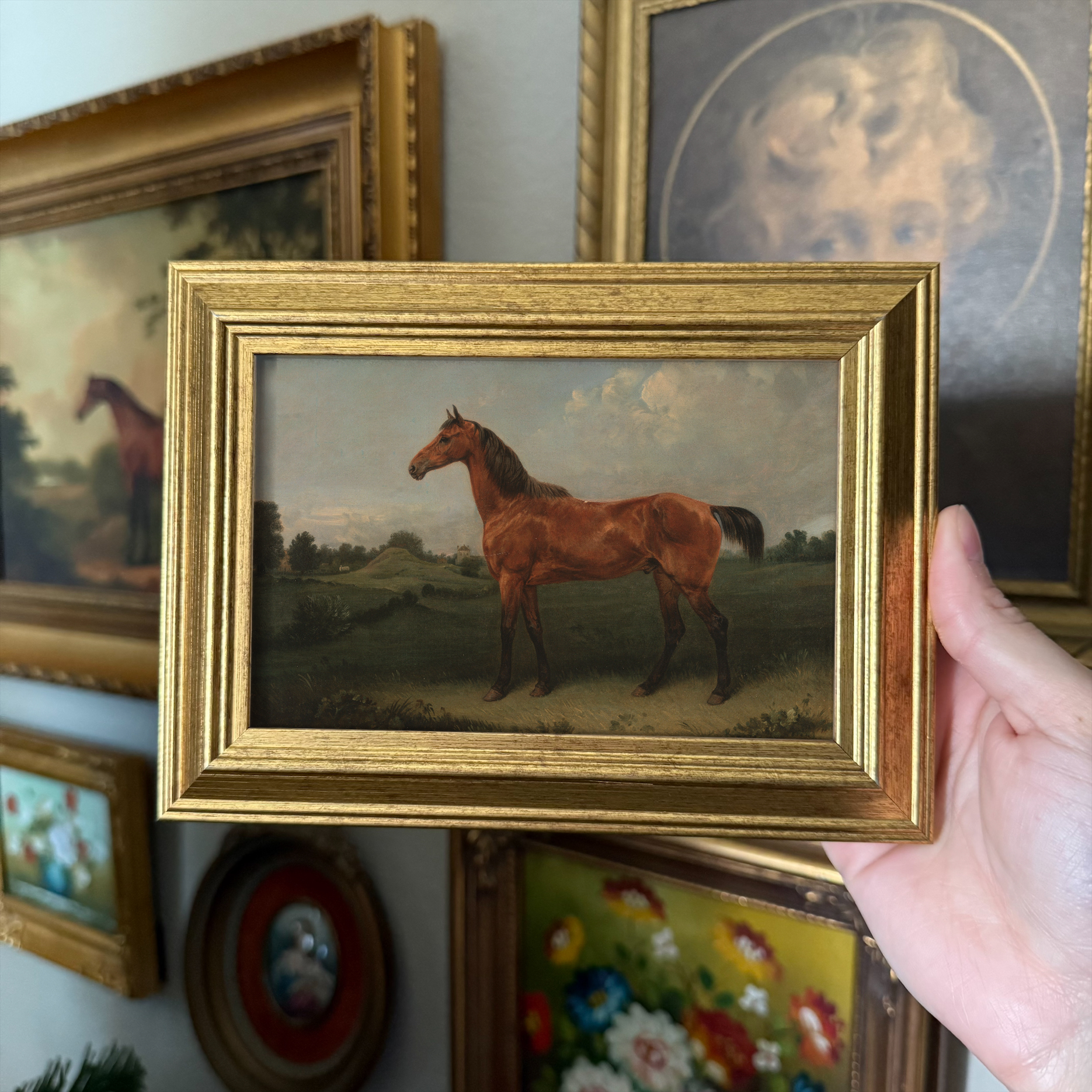 Vintage Style Brown Horse in Landscape Art Print Framed