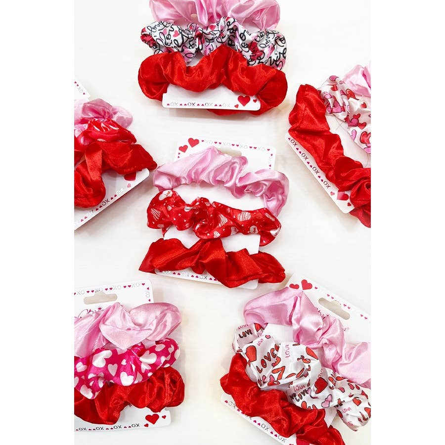 Heart Prints Pink Red Hair Scrunchie Set