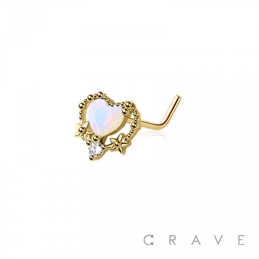 Opal Heart w/Center CZ Gem L-Shape Nose Ring