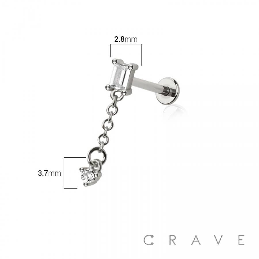CZ BAGUETTE ROUND CZ DANGLE CHAIN TOP 316L SURGICAL STEEL TH: GOLD/CLEAR 6MM
