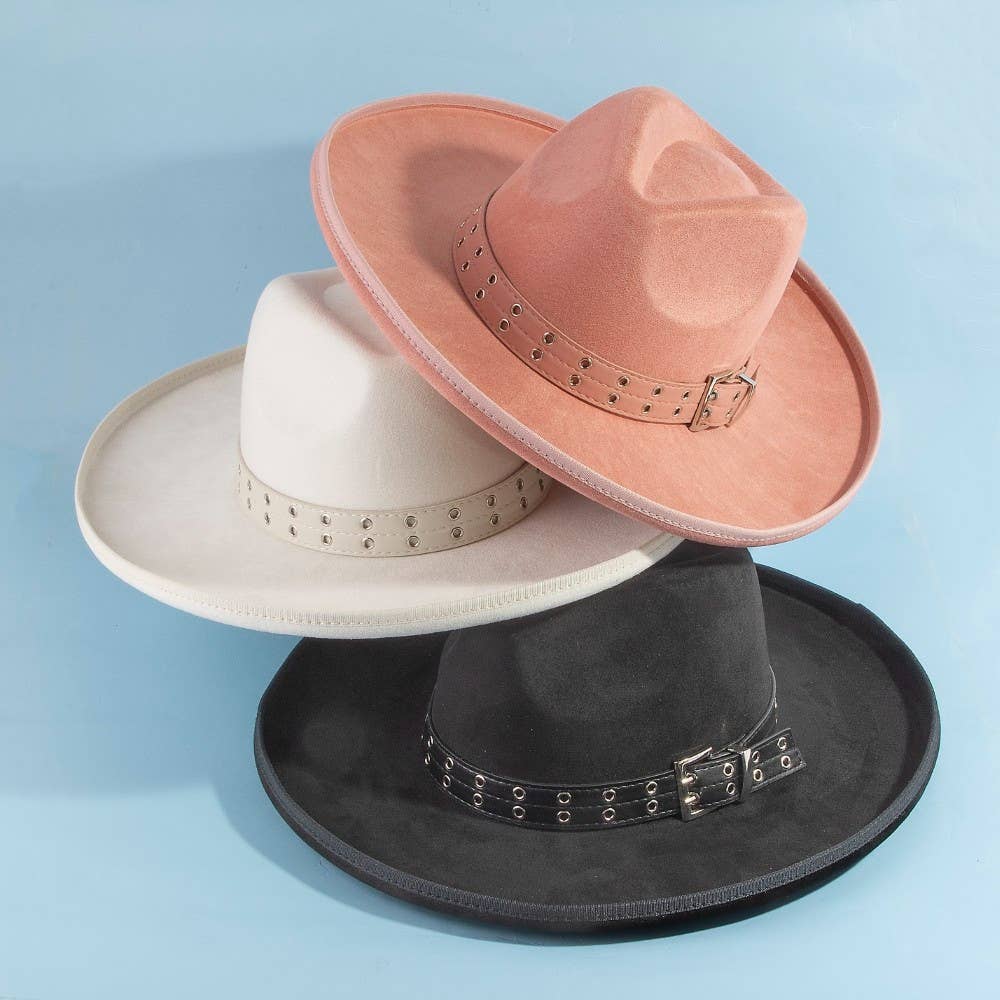 Grommet Belt Faux Suede Fedora Hat