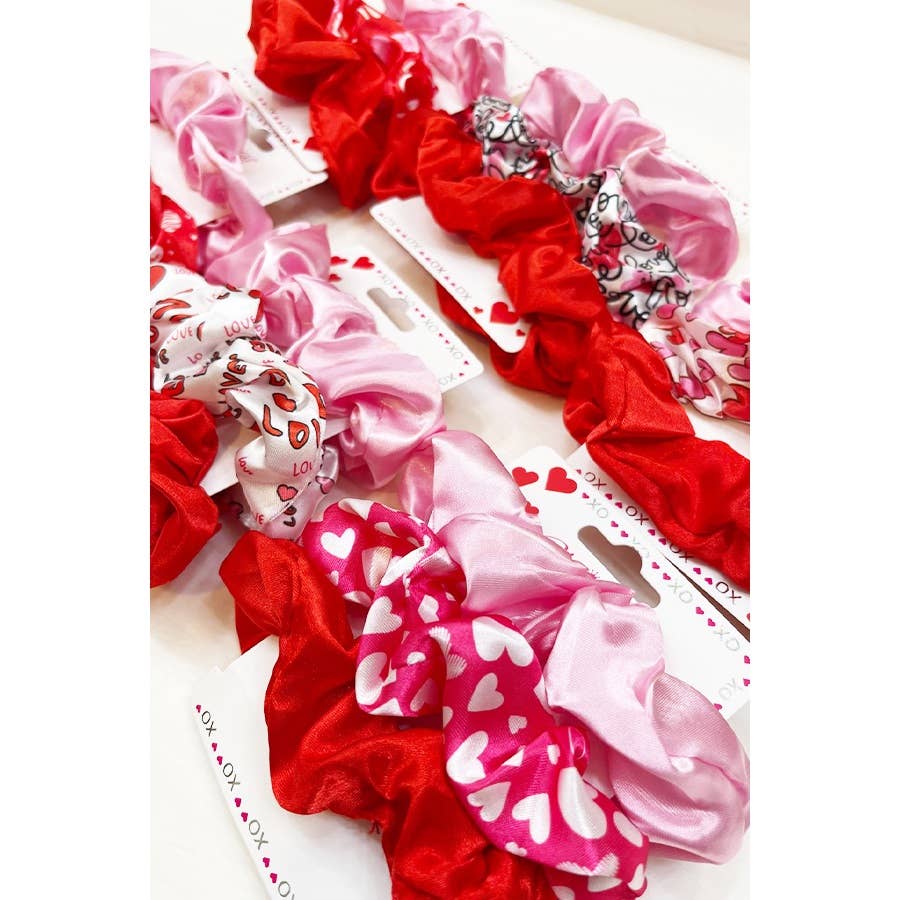 Heart Prints Pink Red Hair Scrunchie Set