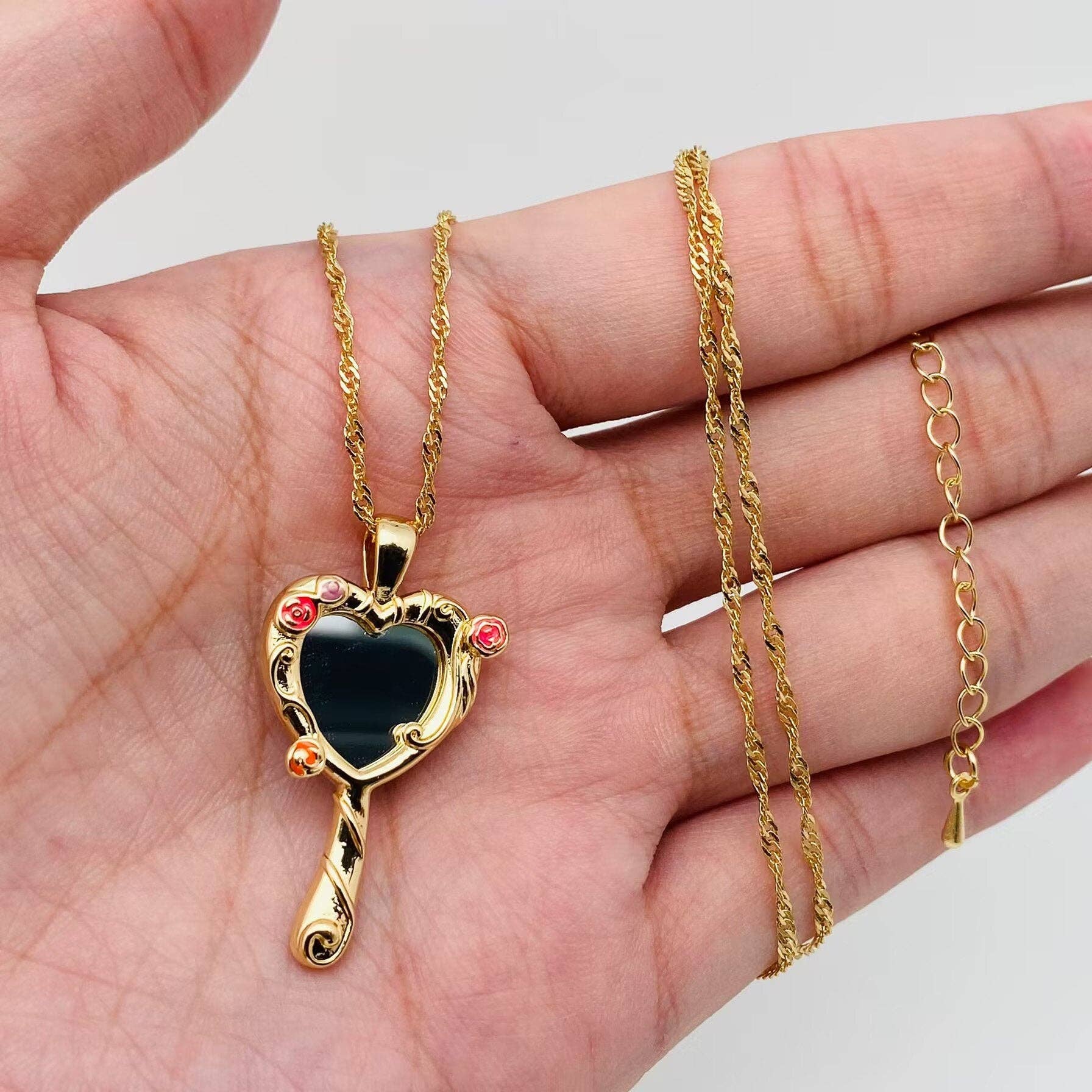 Enchanted Rose Heart Mirror Pendant Necklace