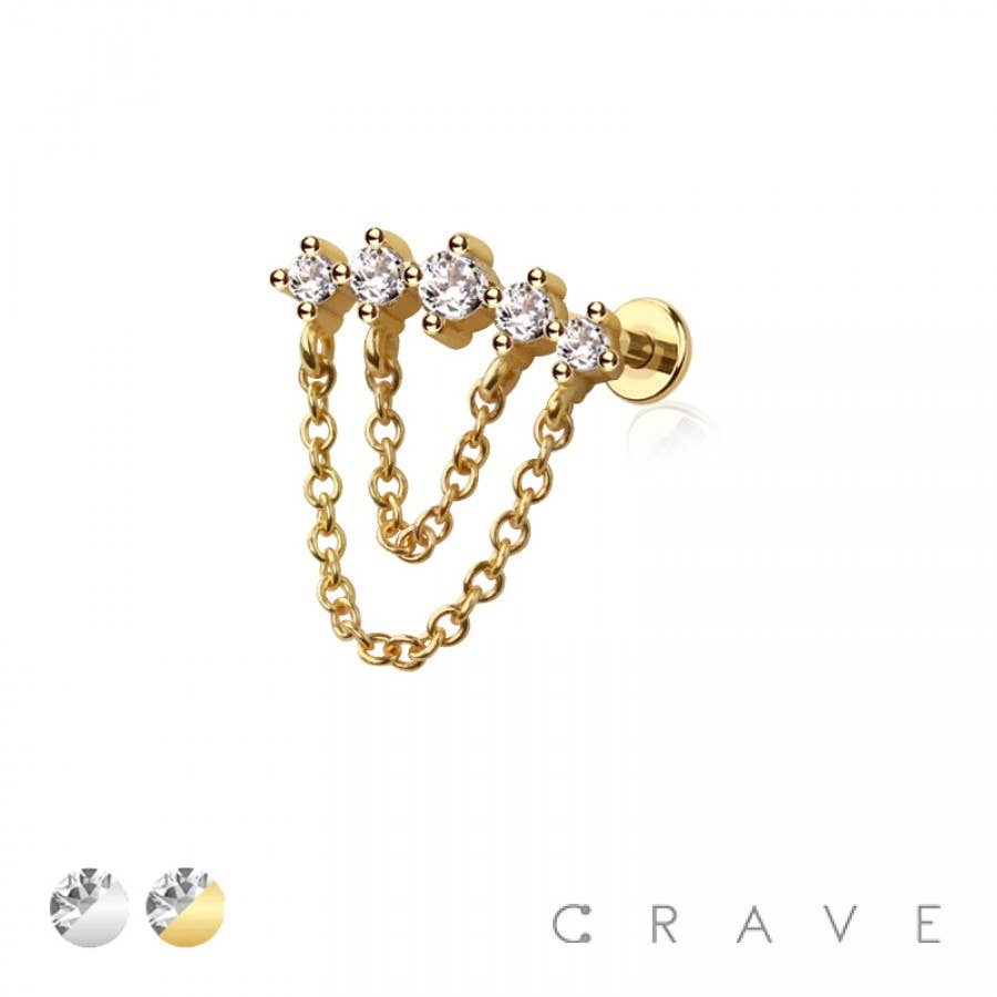 Multi Round CZ Dangle Chain Top Threadless Labret