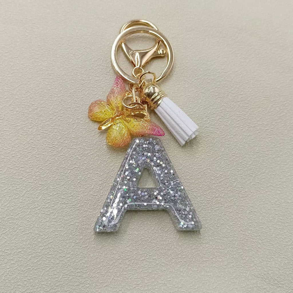 Silver Sequined Resin Letter Charm Keychains