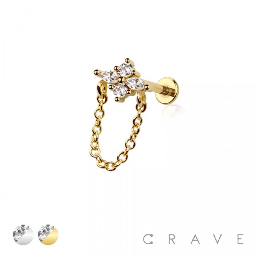 FLOWER MARQUISE CZ CHAIN TOP 316L SURGICAL STEEL THREADLESS: GOLD/CLEAR 6MM