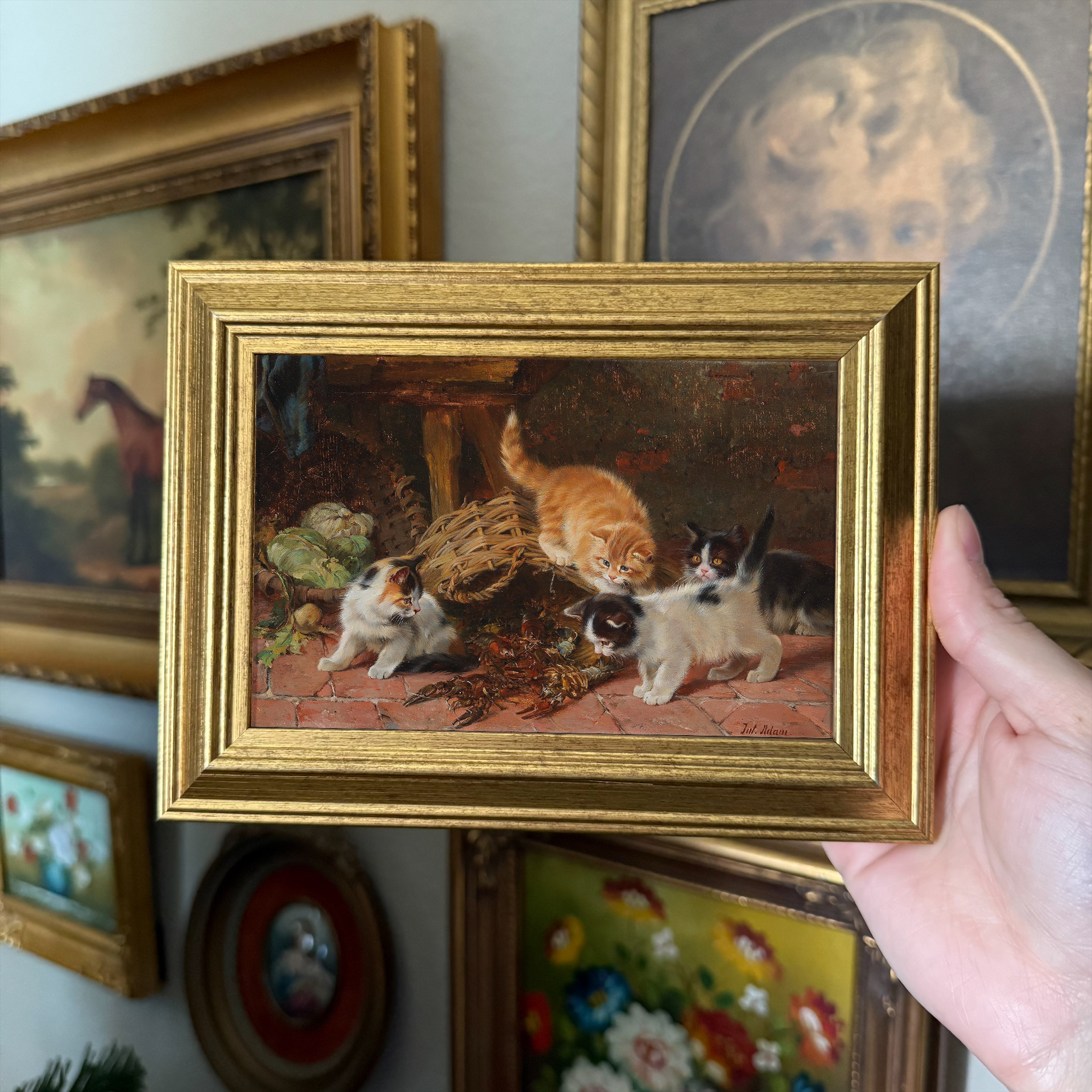 Vintage Style Kitties playing with Lobsters Art Print Framed: PRINT WITH FRAME