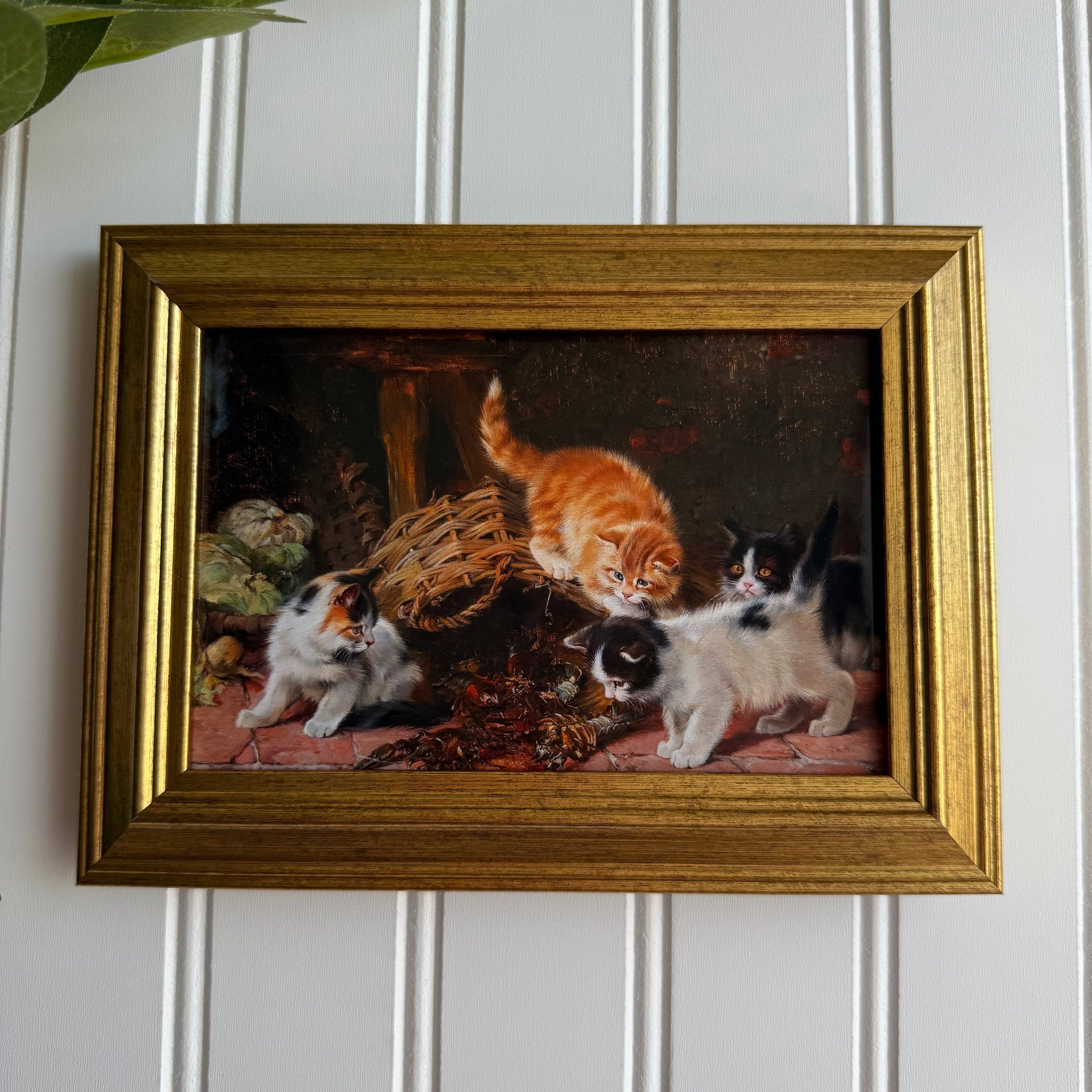 Vintage Style Kitties playing with Lobsters Art Print Framed: PRINT WITH FRAME
