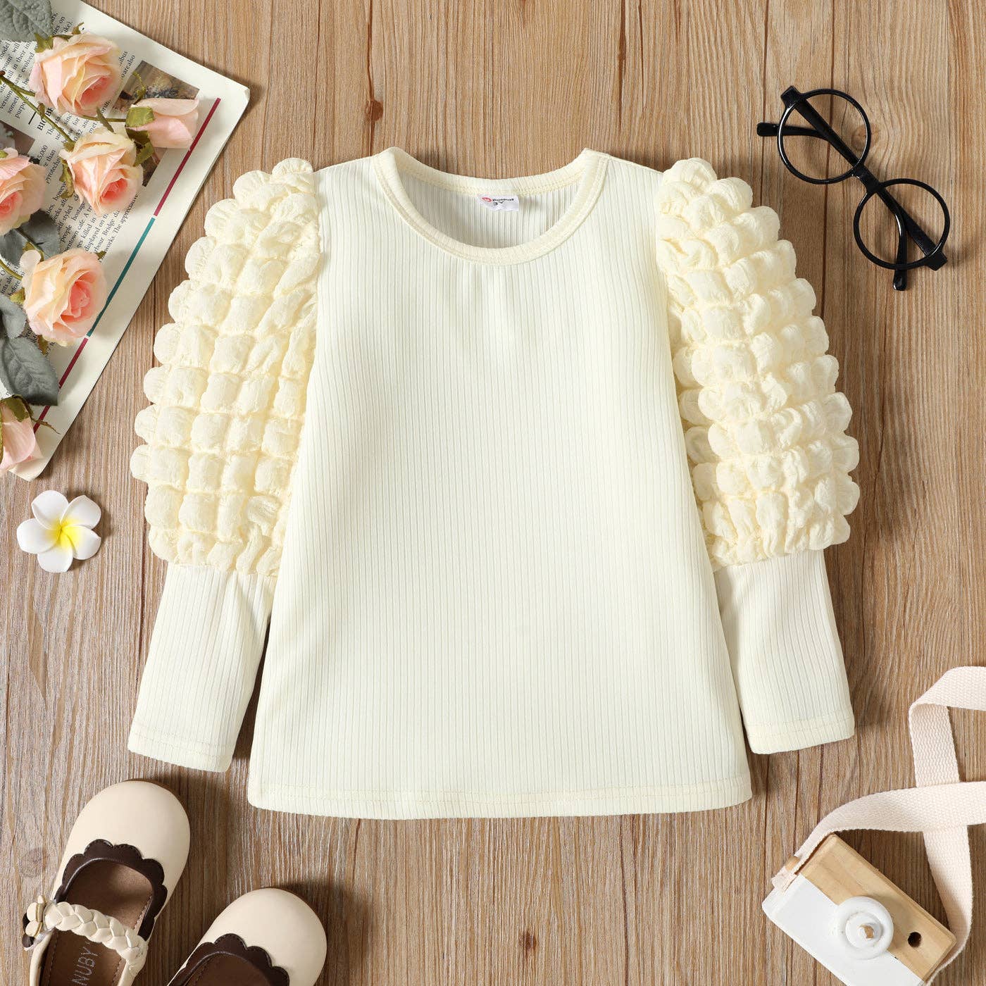 Girl's Textured Ribbed Long Puff-Sleeve Top