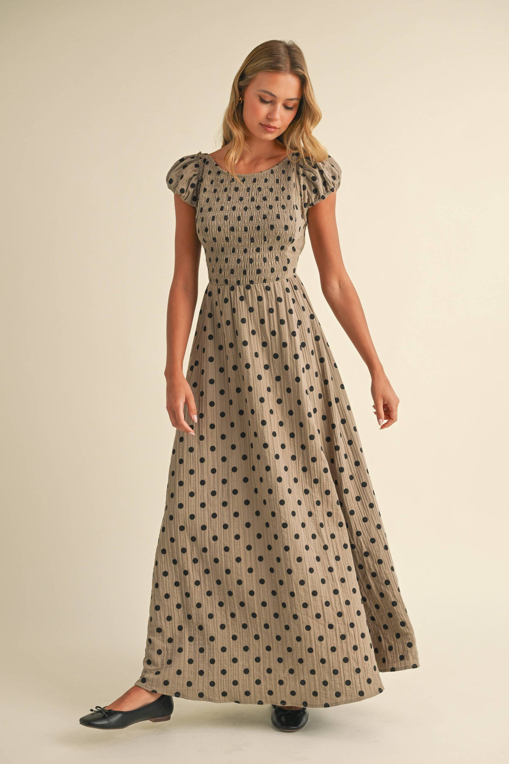 Polka Dot Criss Cross Open Back Smocked Maxi Dress