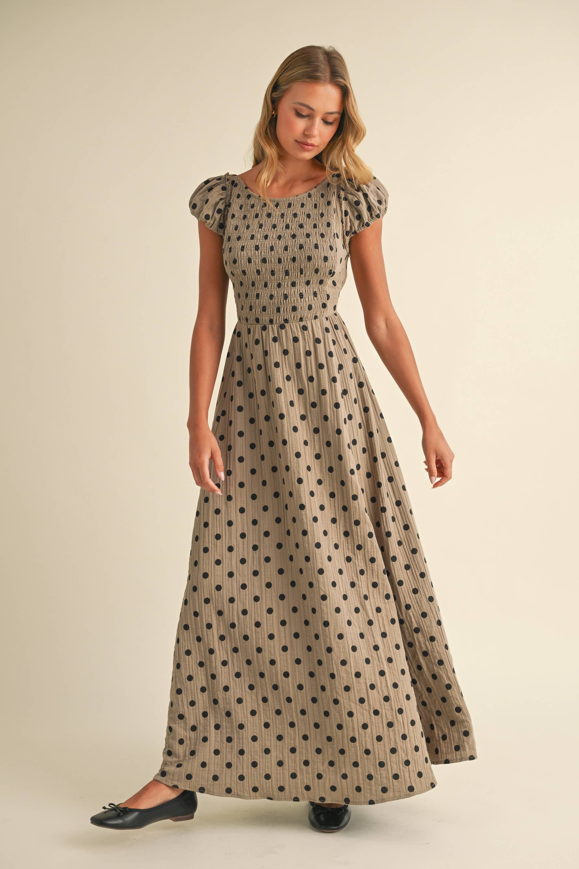 Polka Dot Criss Cross Open Back Smocked Maxi Dress