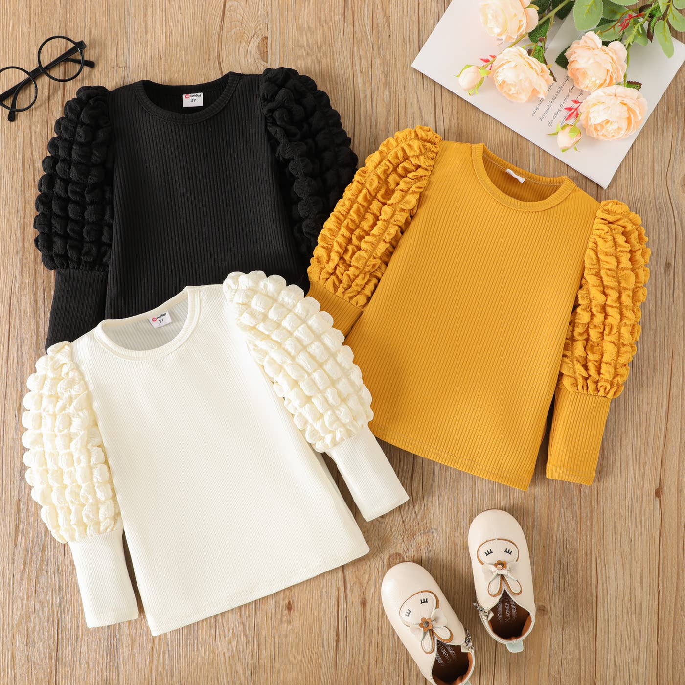 Girl's Textured Ribbed Long Puff-Sleeve Top