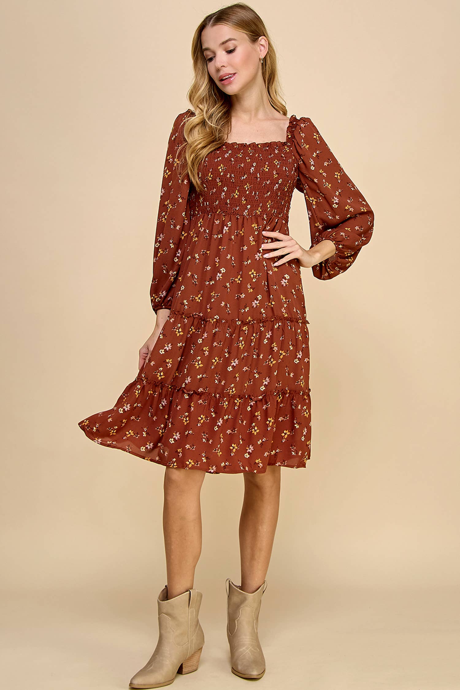 Tiered Floral Dress w/Smocking Long Sleeve 