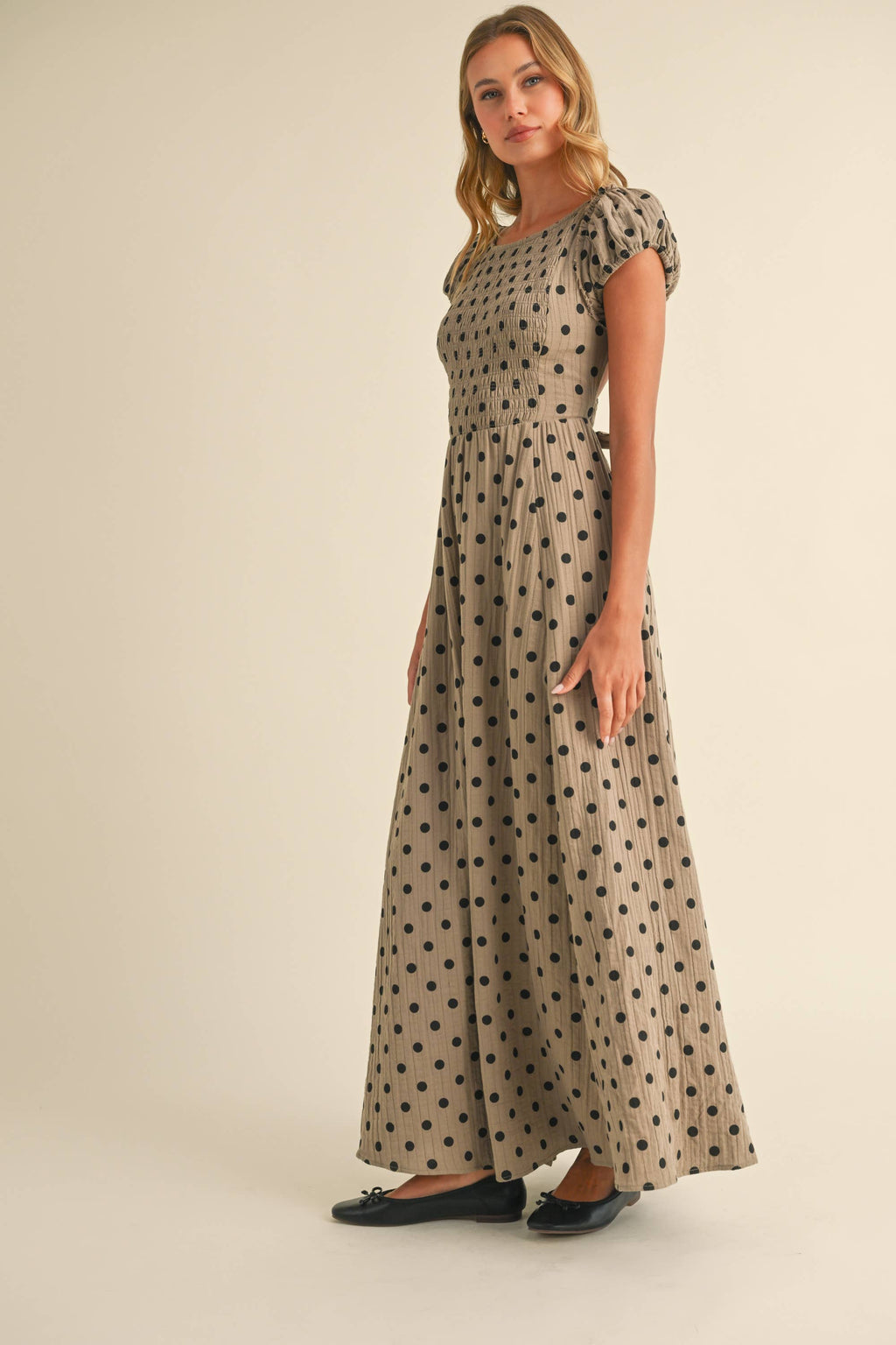 Polka Dot Criss Cross Open Back Smocked Maxi Dress