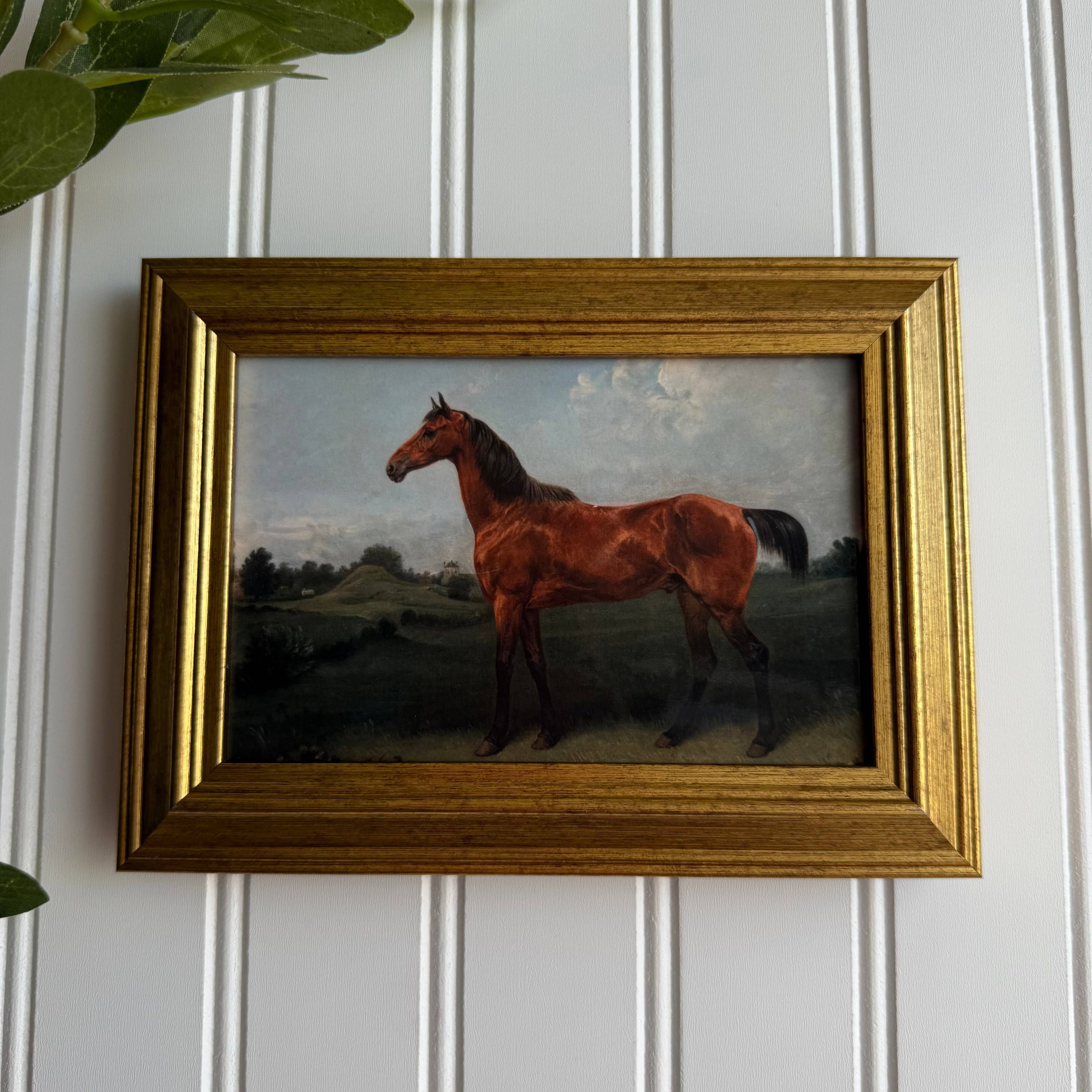 Vintage Style Brown Horse in Landscape Art Print Framed