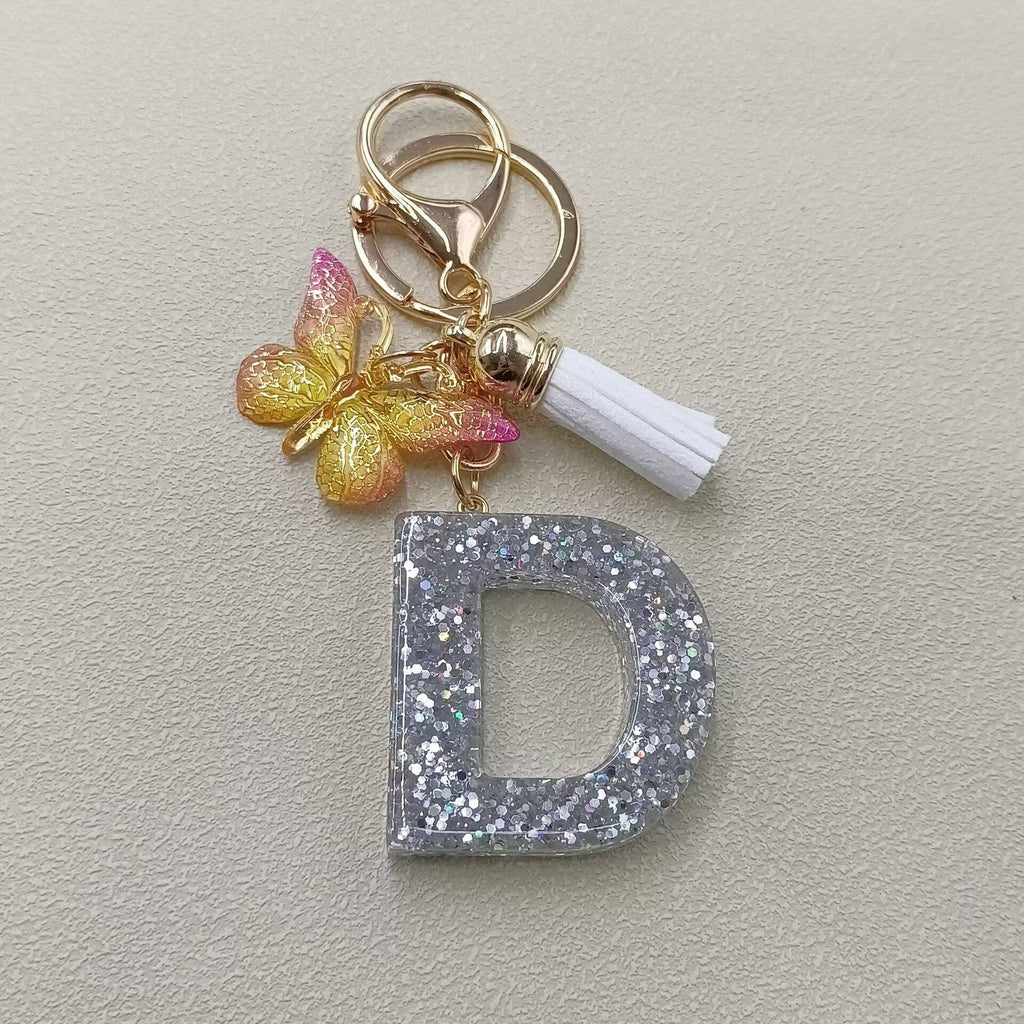 Silver Sequined Resin Letter Charm Keychains
