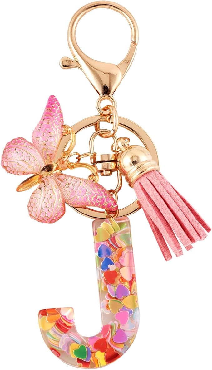 J Initial Letter Keychain for Women w/Butterfly Tassel