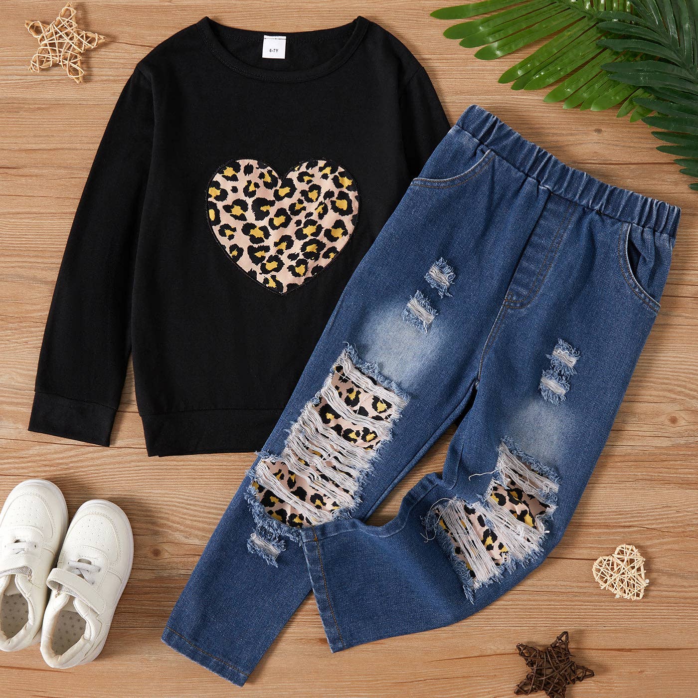 2-piece Girl Sweatshirt and Ripped Jeans Set