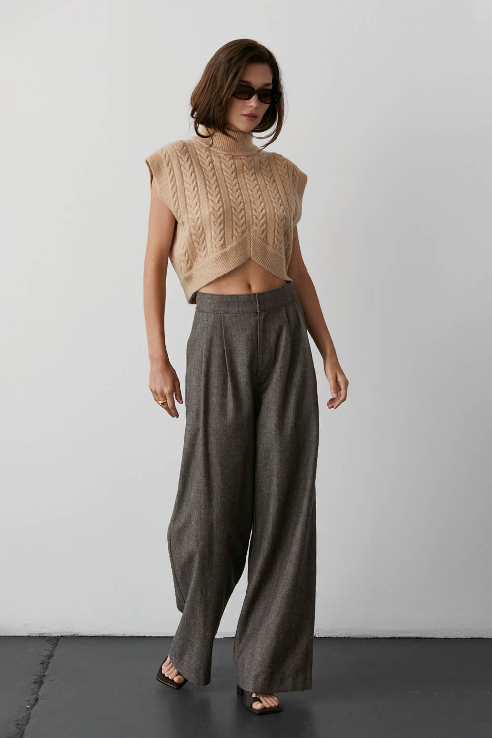 Camila Herringbone Wide-Leg Trouser