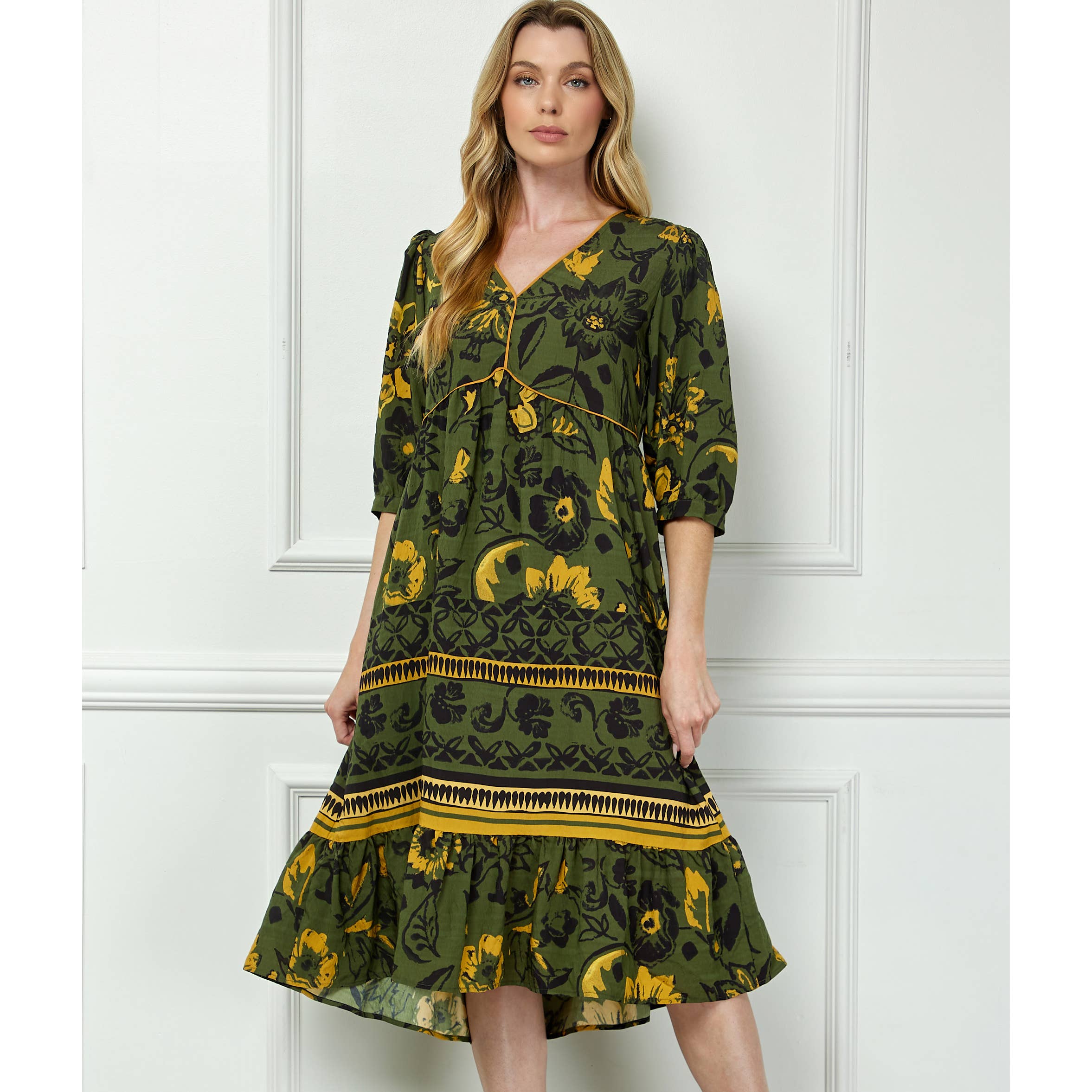 Boho Print Peasant Dress / The Emerald Fox Boutique Olive / XL Boho Print Peasant Dress / The Emerald Fox Boutique Olive / XL