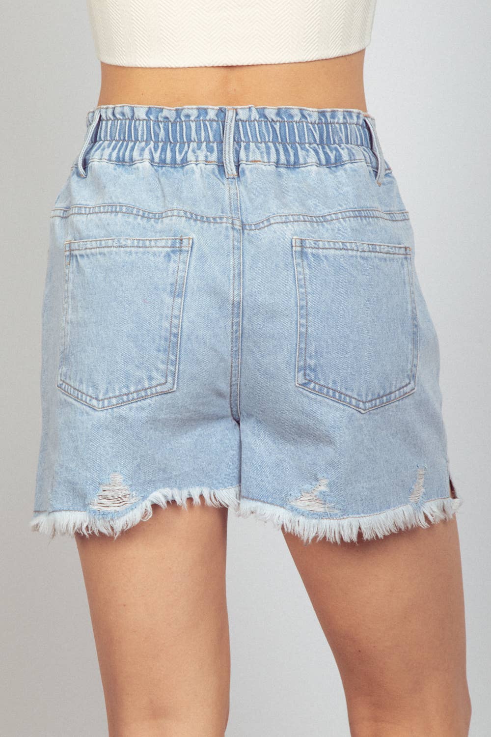 Elastic High Waist Distressed Washed Denim Shorts