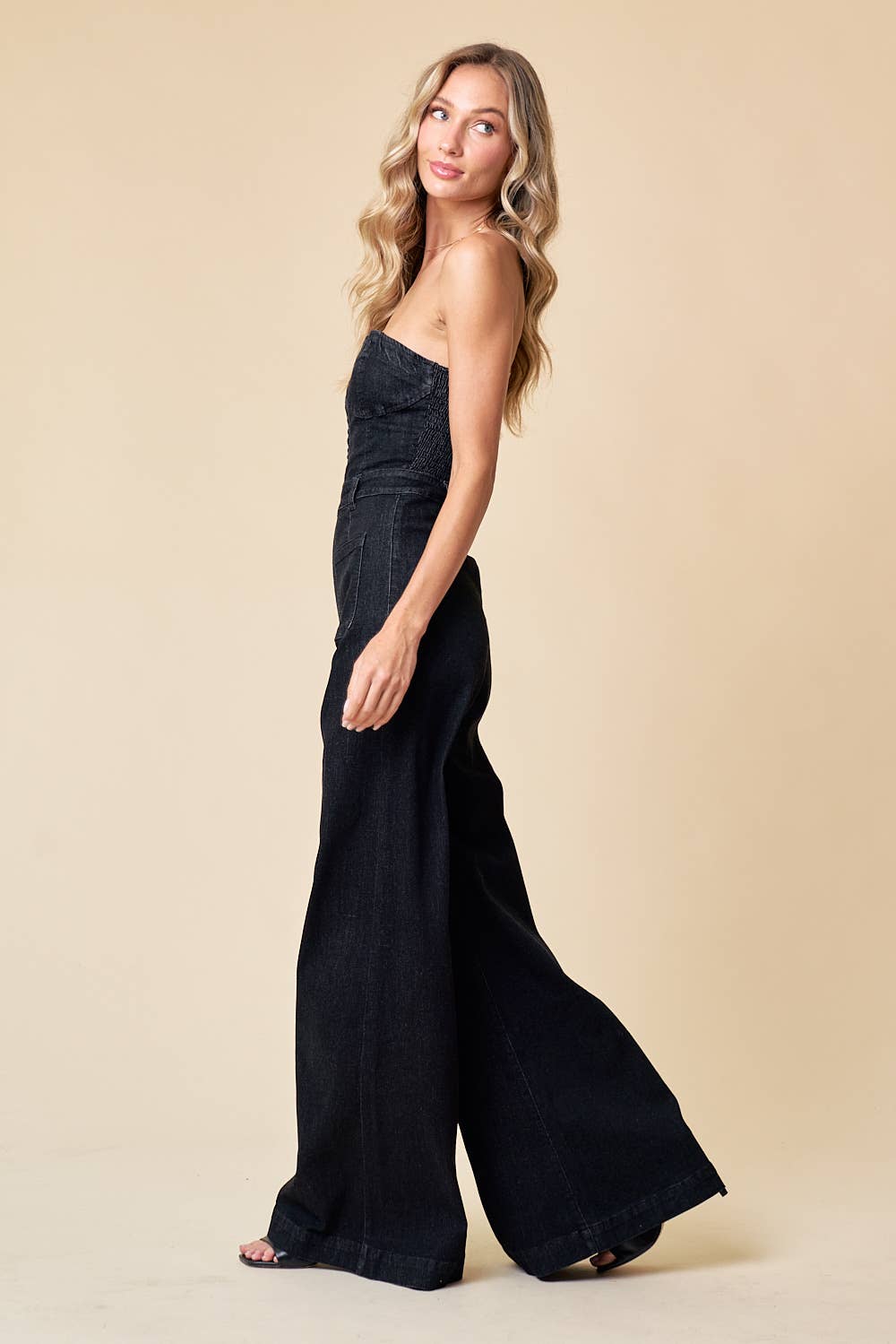 Off Shoulder Wide Leg Denim Jumpsuit