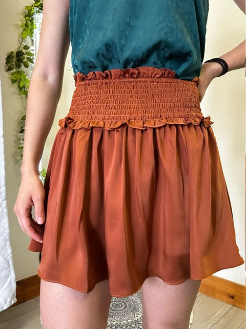 Woven Satin Mini Skirt w/smocked Waistband and Shorts Lining