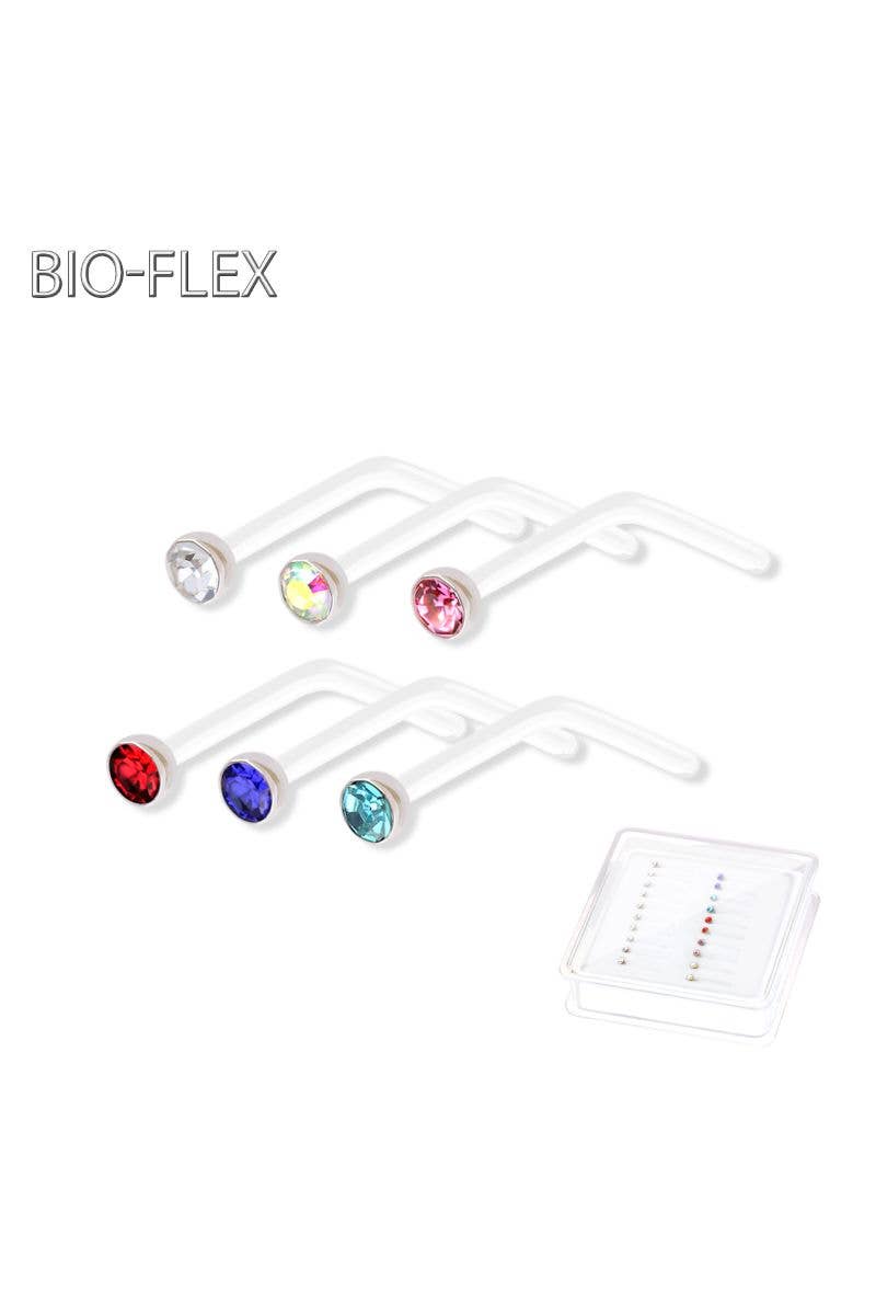 29 PC OF BIO-FLEX MIXED COLOR ROUND CZ L-SHAPE NOSE RINGS BUNDLE