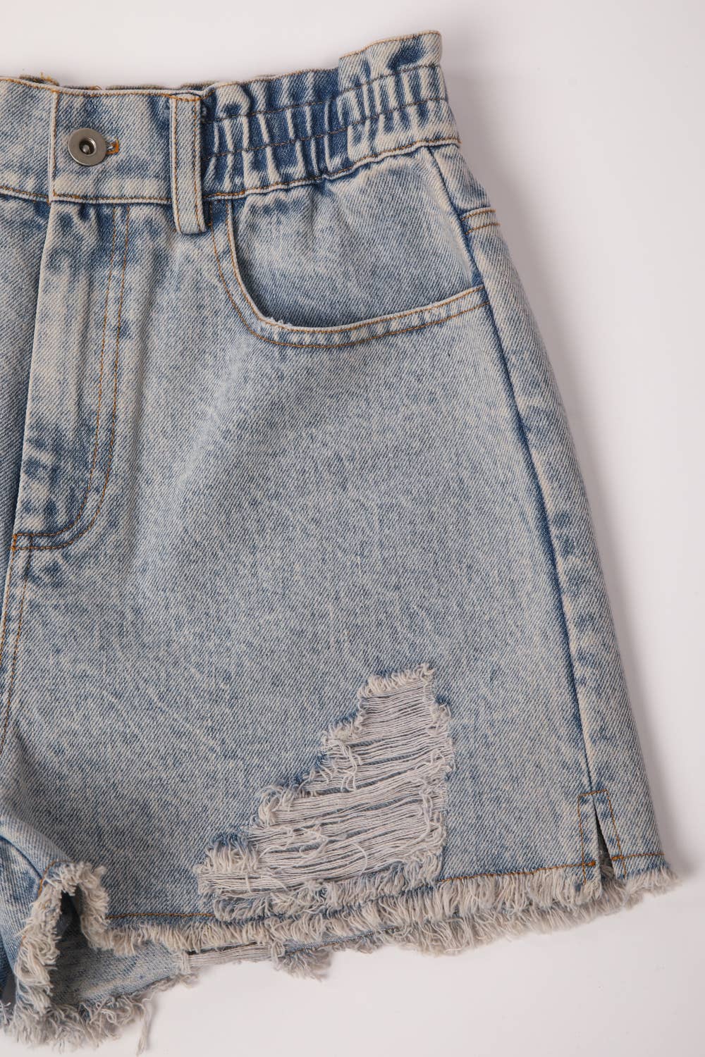 Elastic High Waist Distressed Washed Denim Shorts