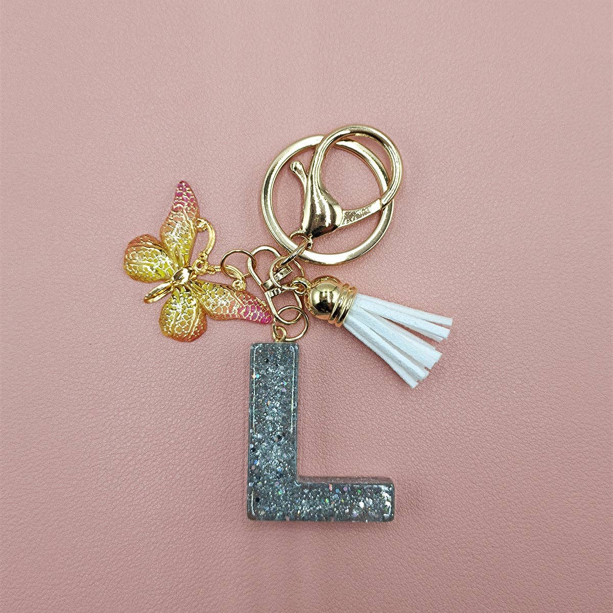 Silver Sequined Resin Letter Charm Keychains