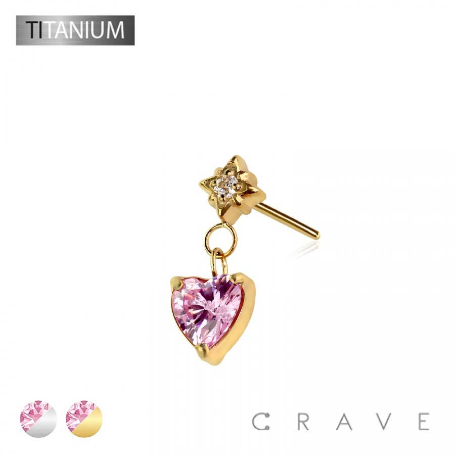 IMPLANT GRADE TITANIUM THREADLESS PUSH IN STARBURST CZ HEART: GOLD