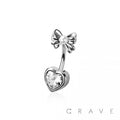 CZ Heart Bow Ribbon Belly Button Ring