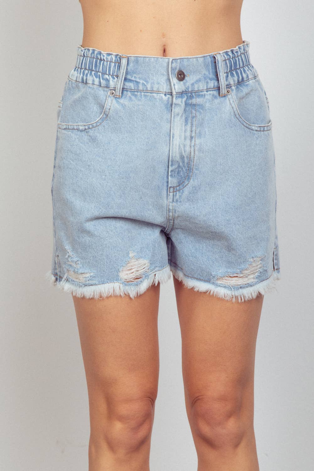 Elastic High Waist Distressed Washed Denim Shorts