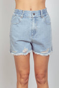 Elastic High Waist Distressed Washed Denim Shorts