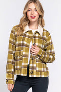 Faux Fur Collar Plaid Shacket