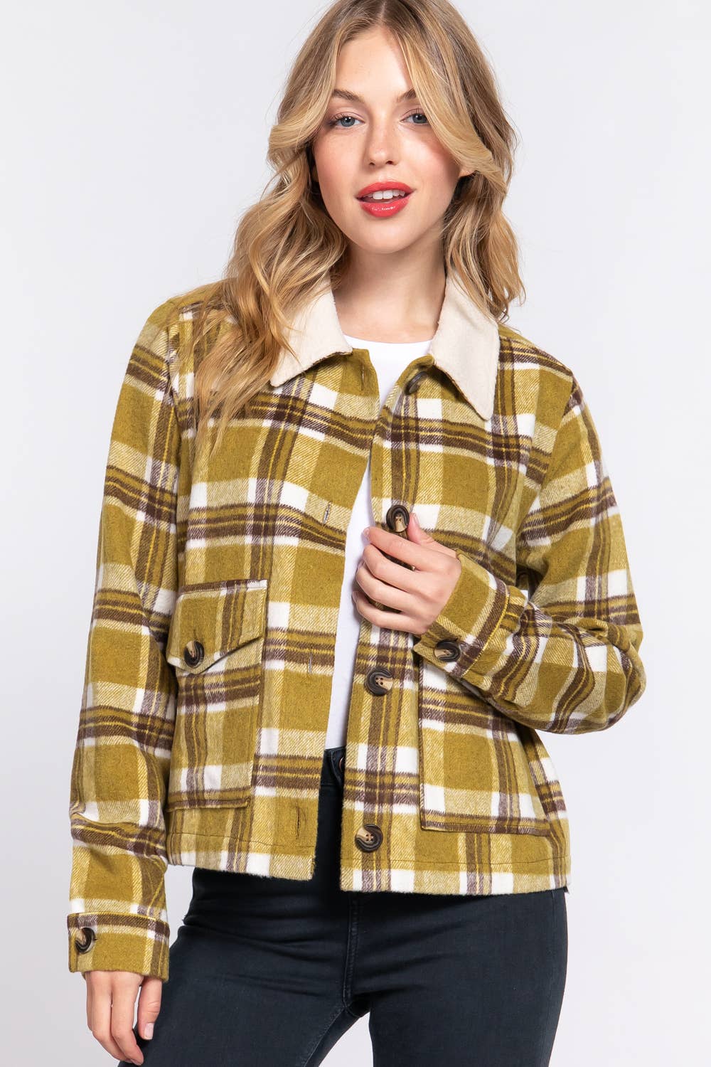 Faux Fur Collar Plaid Shacket