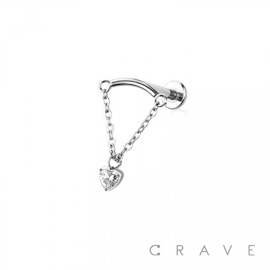 CURVED BAR DANGLE CLEAR HEART CZ CHAIN PUSH IN TOP 316L SURG: GOLD/CLEAR-18GA (1.0MM)-1/4" (6MM)