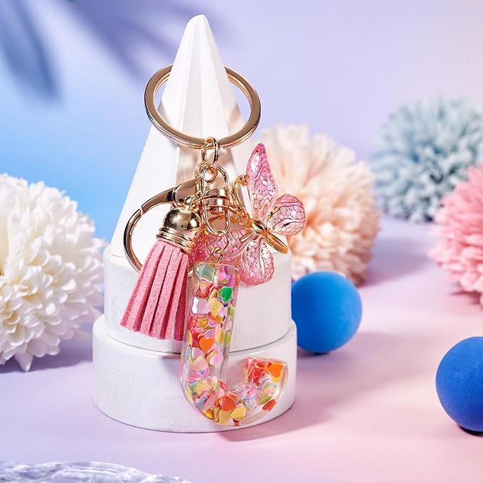 J Initial Letter Keychain for Women w/Butterfly Tassel