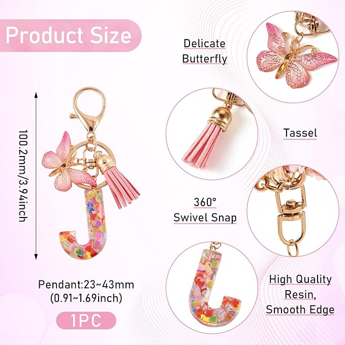 J Initial Letter Keychain for Women w/Butterfly Tassel