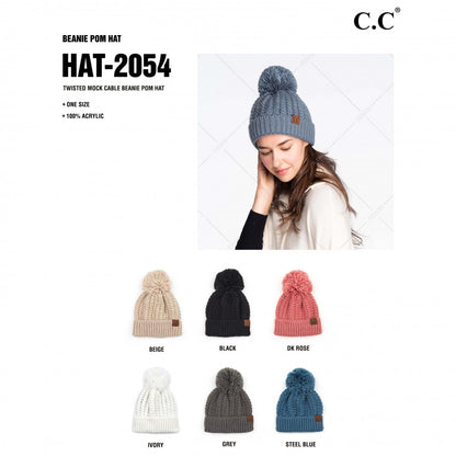 C.C Twisted Mock Cable Knit Pom Beanie